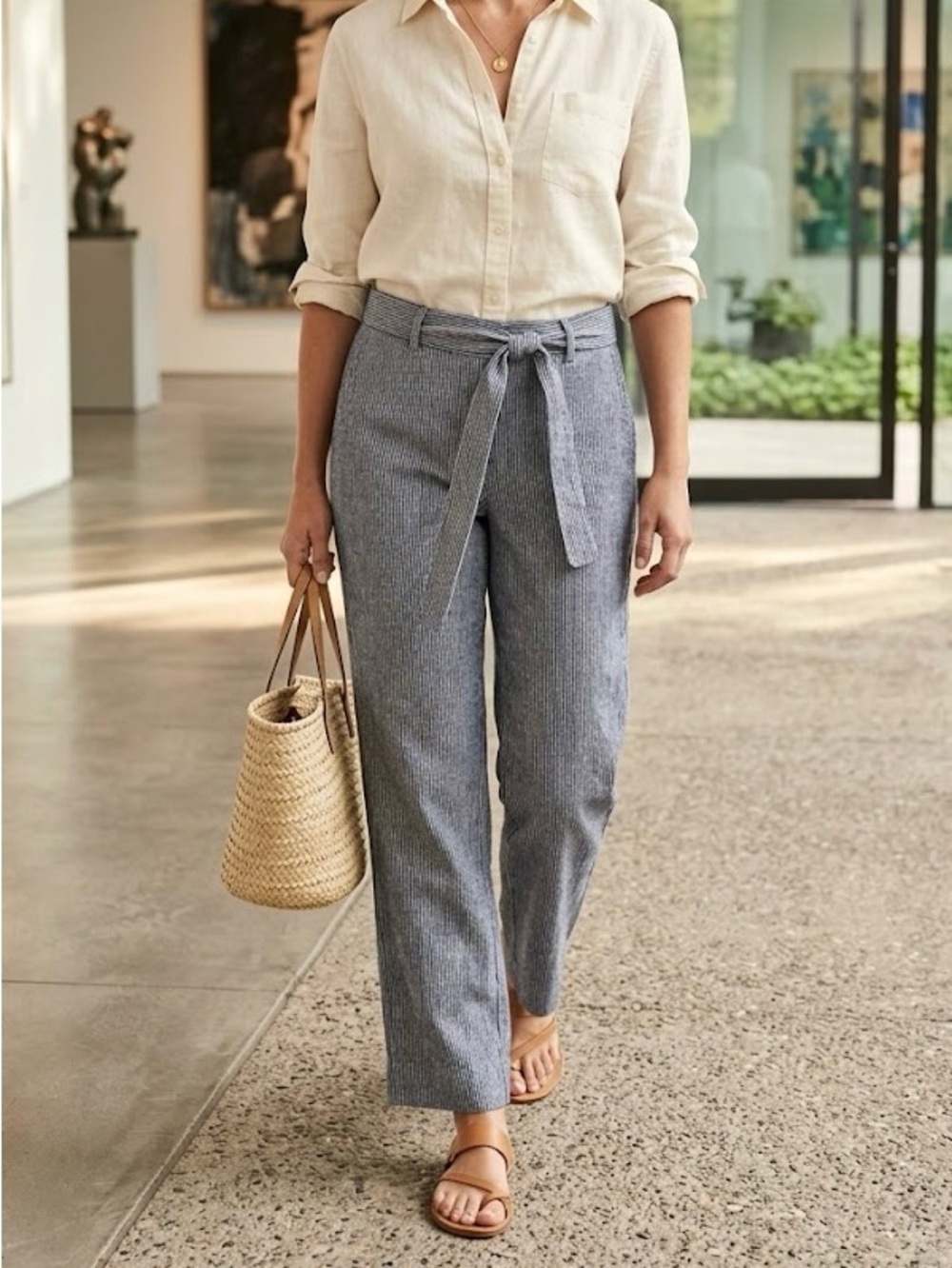 Banana Republic Cotton Avery Striped Tie-Waist Trousers Boho Classic Chic